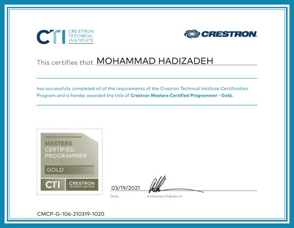 Crestron Masters Gold certificate