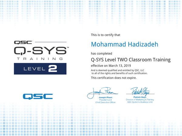 Q-SYS Level 2 certificate